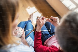 An unrecognizable elderly grandmother and adult granddaughter at home, knitting. Top view.