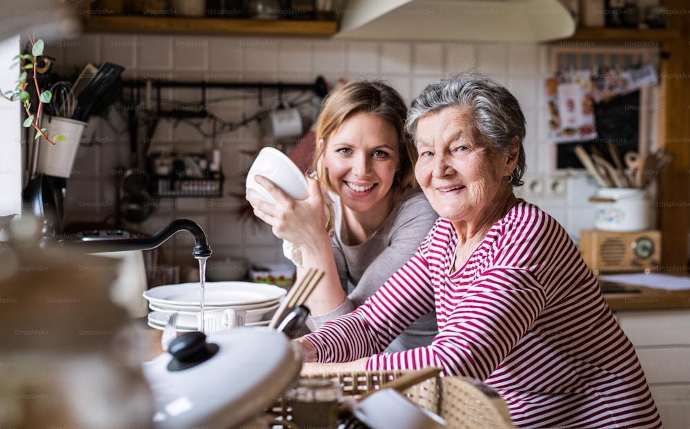 A happy elderly grandmother with an adult granddaughter at home, washing the dishes.