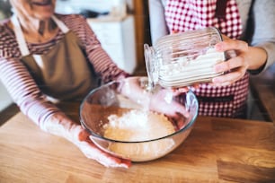 An unrecognizable elderly grandmother with an adult granddaughter at home, baking.