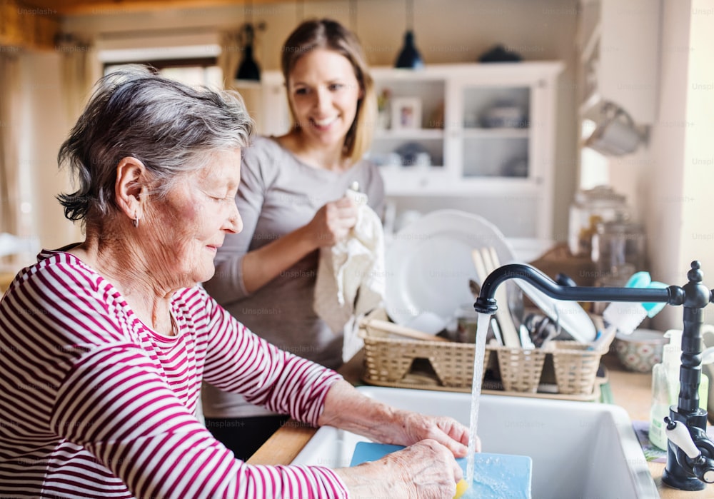 Una nonna anziana felice con una nipote adulta a casa, lavando i piatti.
