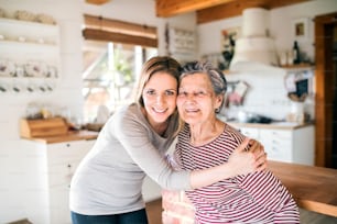 Portrait of an elderly grandmother with an adult granddaughter at home, hugging.