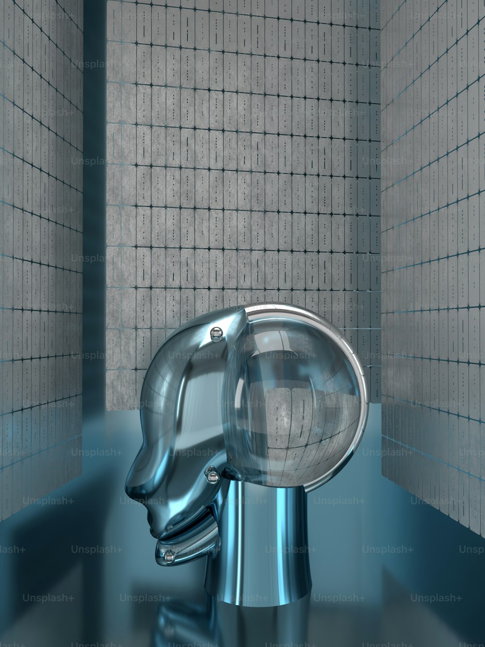 a silver sink in a blue tiled bathroom