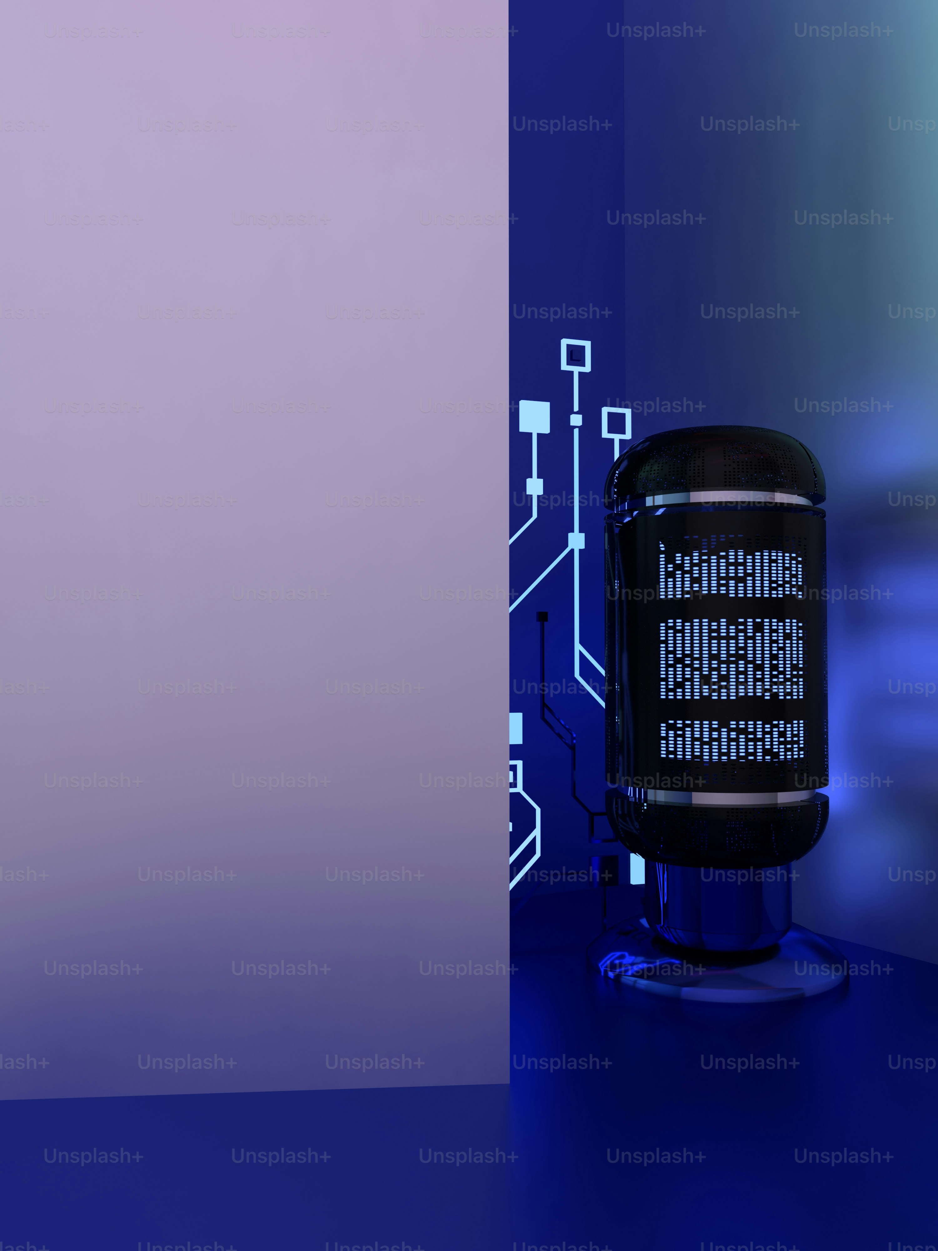 a blue and purple wall and a black and white clock