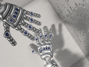 a robotic hand with blue eyes is shown