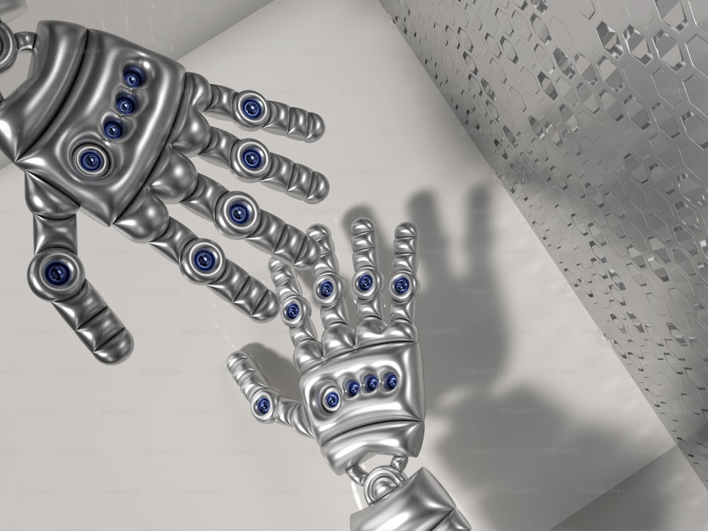a robotic hand with blue eyes is shown