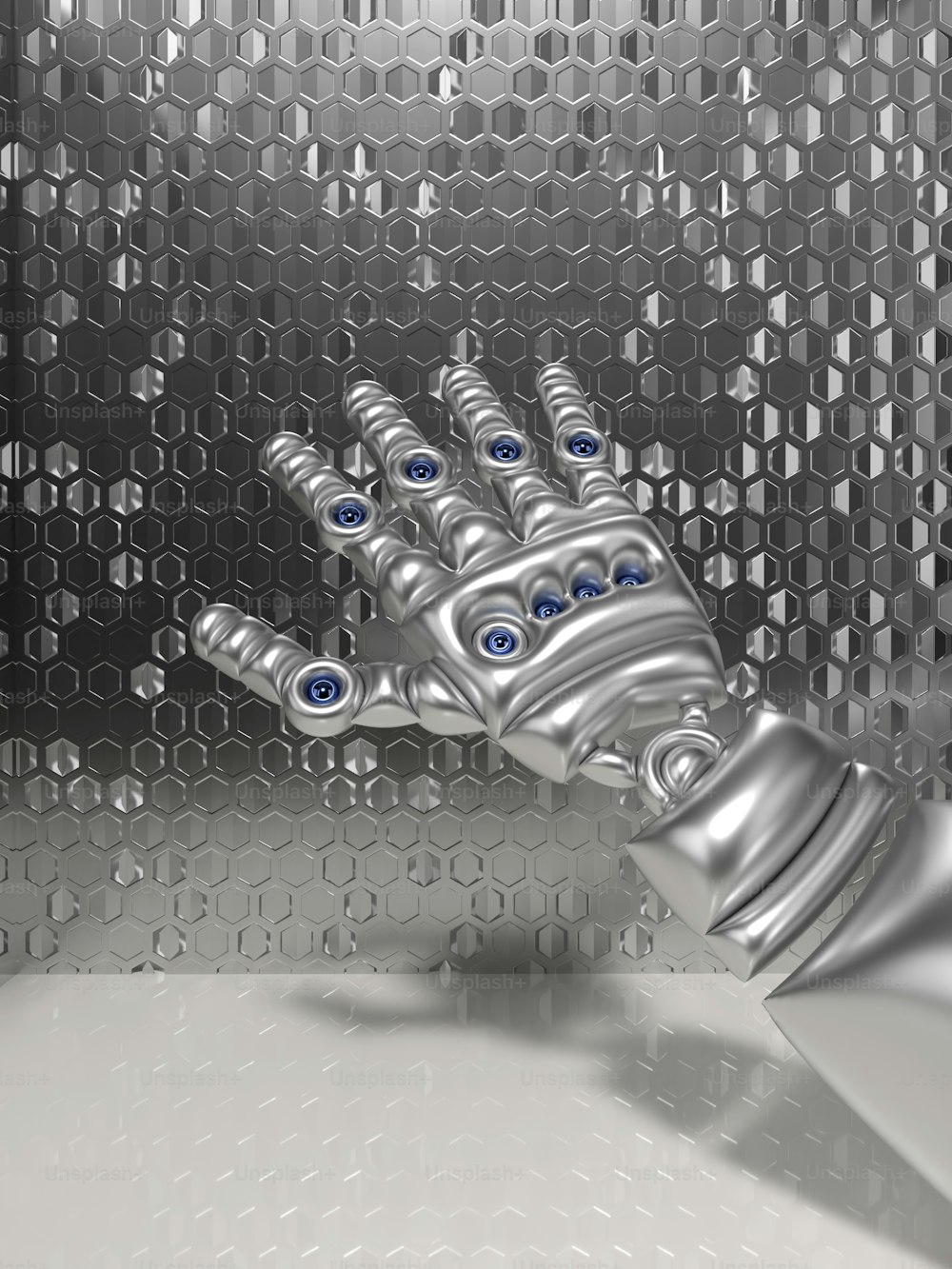 a robot hand with blue eyes is shown in front of a metallic background
