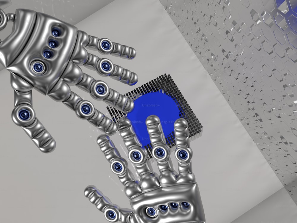 une main de robot tenant un objet bleu en l’air