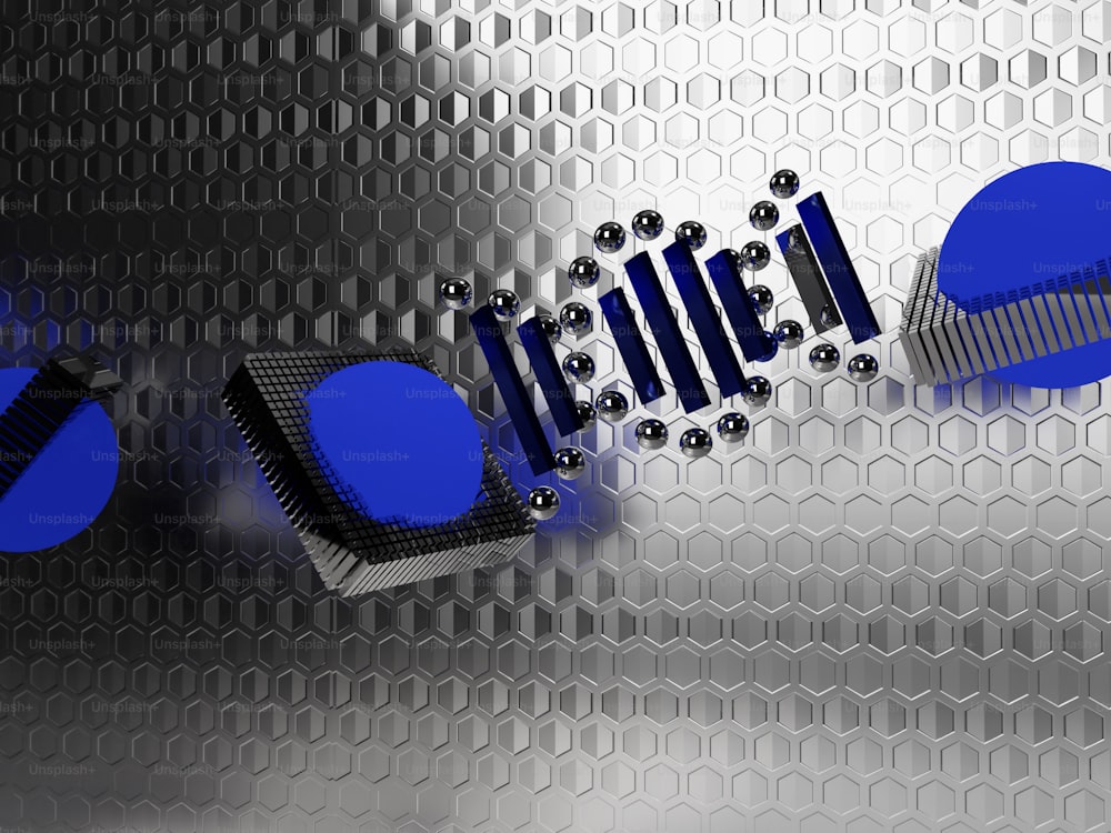 a metal background with blue and black circles