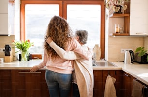 A teenage girl with grandmother at home. Family and generations concept. Rear view.