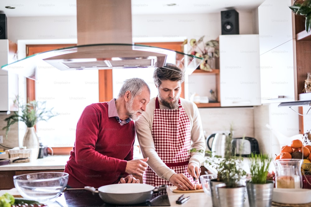 Filho hipster com seu pai mais velho cozinhando na cozinha. Duas gerações dentro de casa.