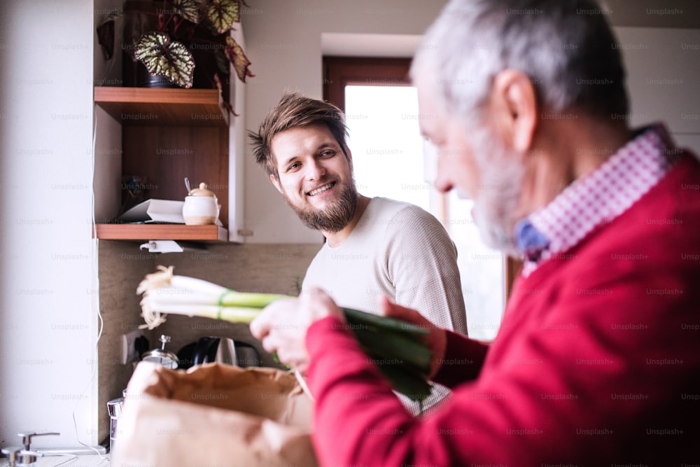 Hipster son with his senior father in the kitchen. Two generations indoors.Hipster son with his senior father in the kitchen. Two generations indoors.