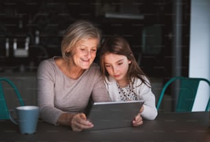 A small girl and her grandmother with tablet at home. Family and generations concept.