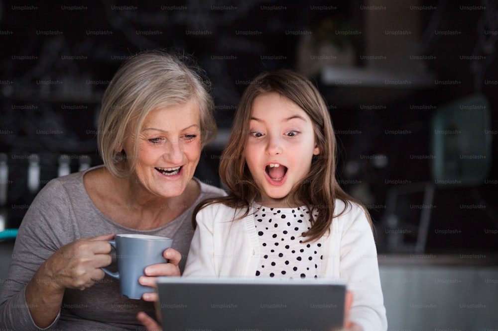 집에서 태블릿을 들고 있는 어린 소녀와 할머니. 가족과 세대 개념입니다.