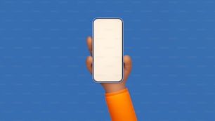 a hand holding a white cell phone against a blue sky