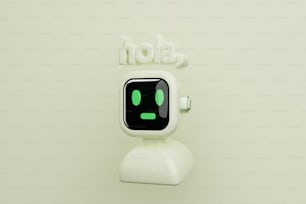 Ein weißer Roboter mit grünen Augen und einem Lächeln im Gesicht