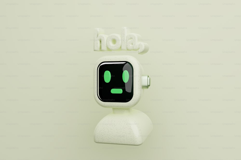 a white robot with green eyes and a smile on it's face