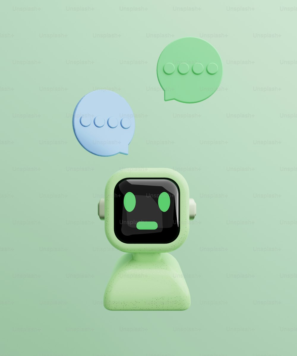 Un robot verde con un fumetto sopra di esso