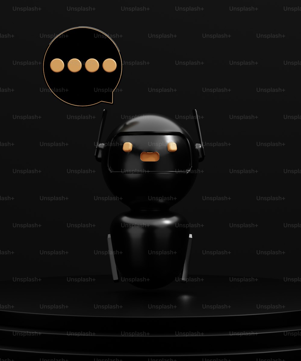 um robô preto com um balão de fala acima dele