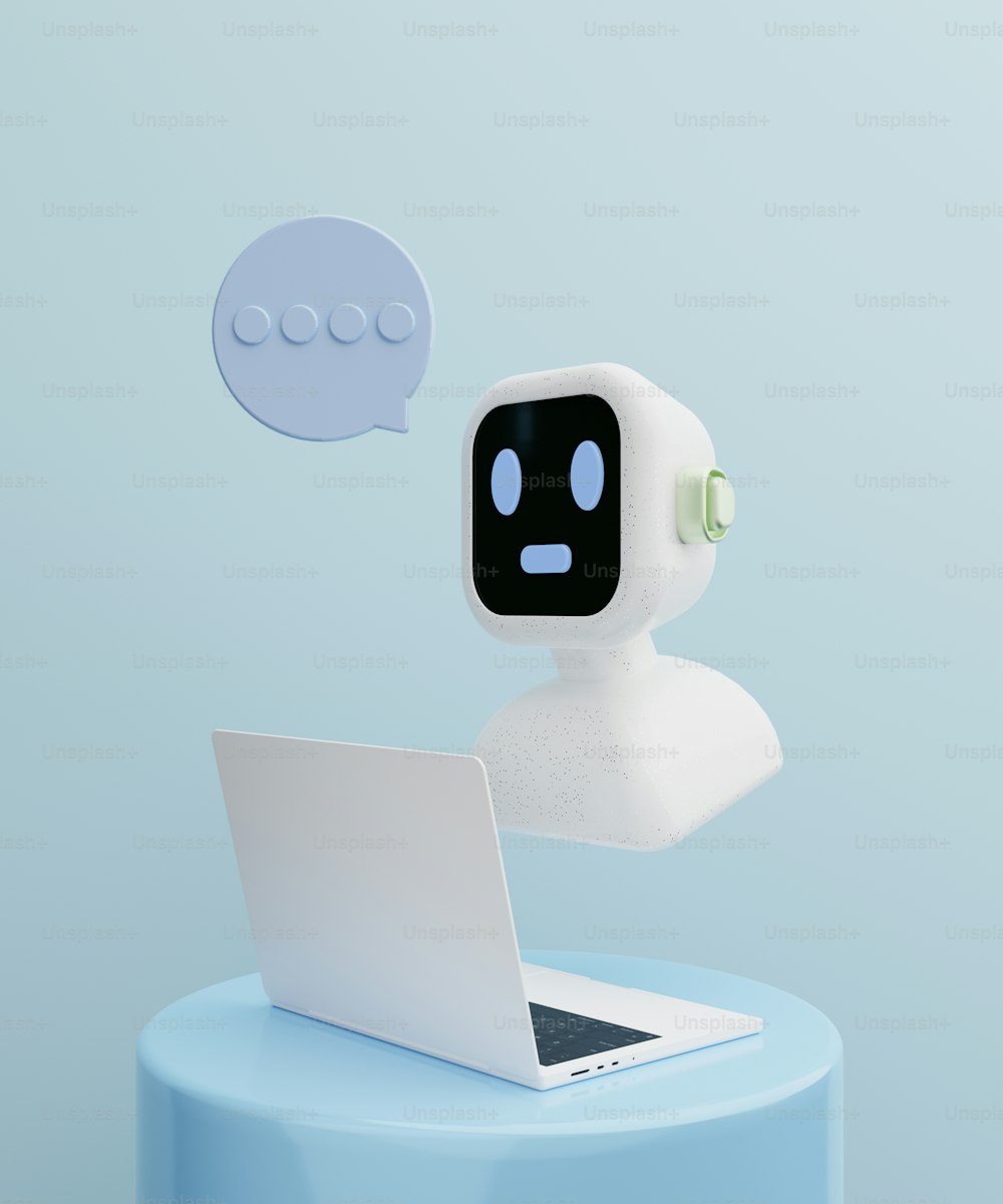 Ein Roboter sitzt auf einem Laptop