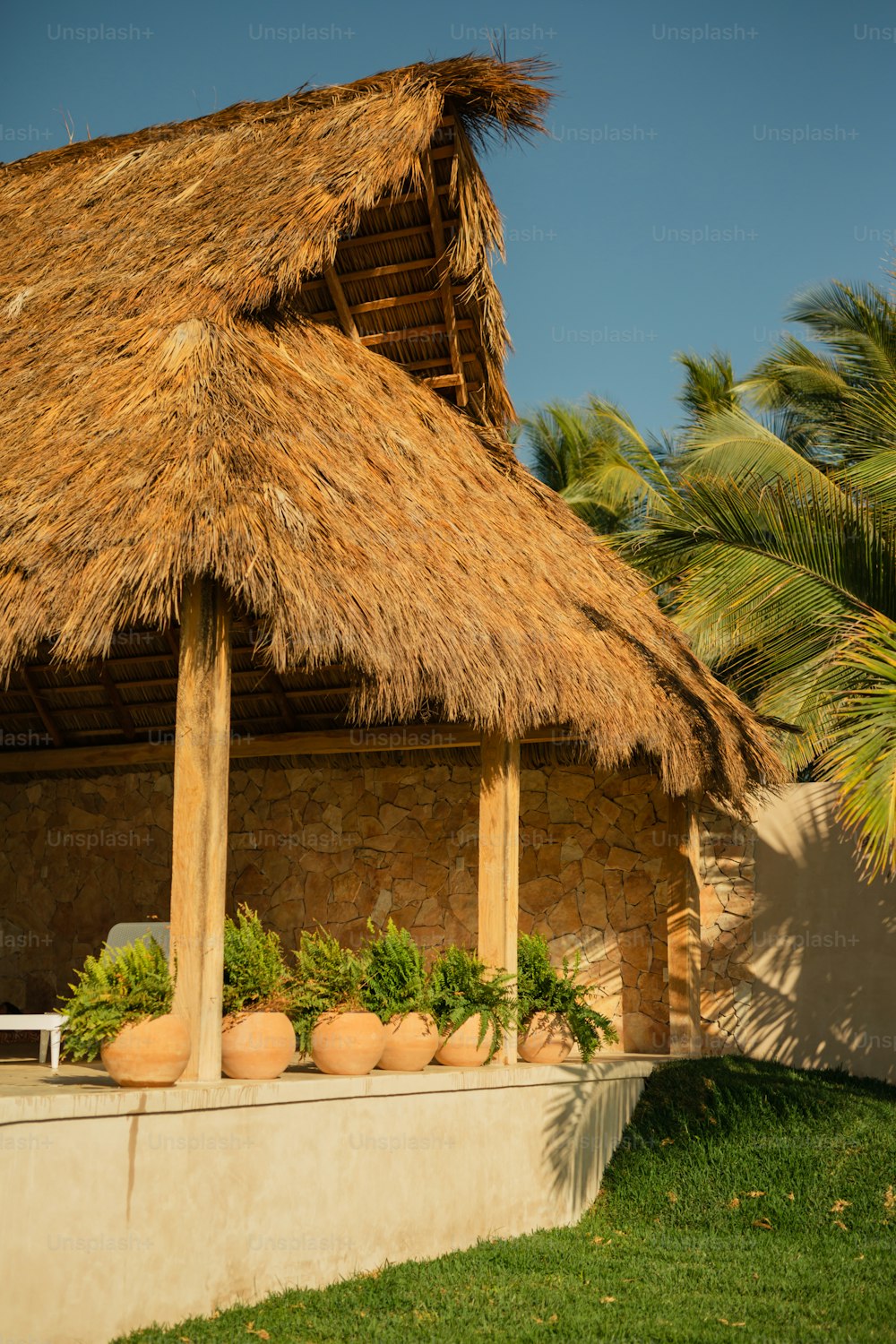 a thatched roof on a house with plants in the foreground