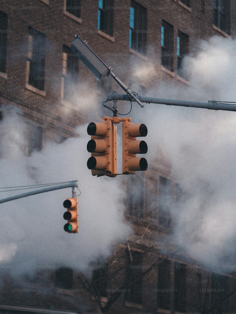 a traffic light with a lot of smoke coming out of it