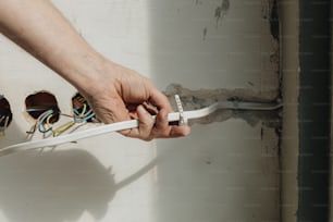 a person holding a white electrical wire in their hand