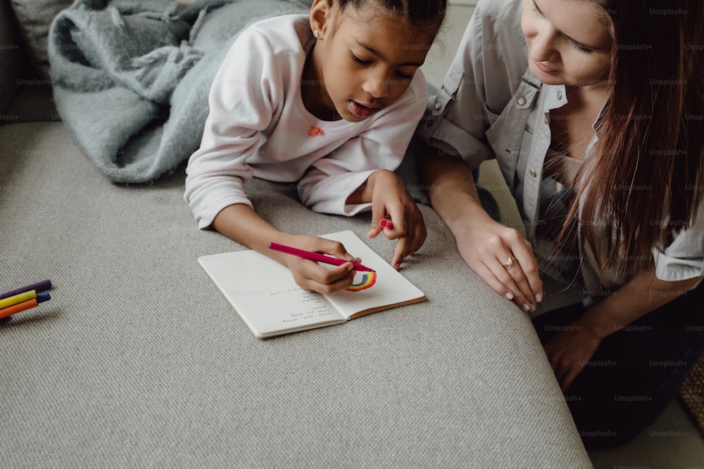 a woman and a young girl sitting on a couch