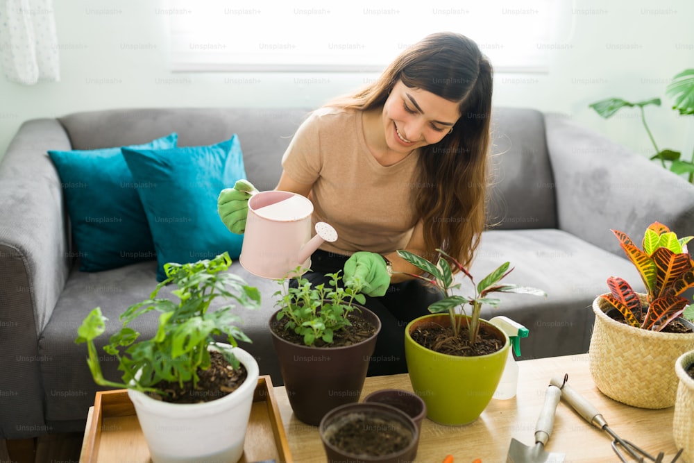 좋은 정신 건강 루틴을 유지하기 위해 식물에 물을 주고 집에서 정원 가꾸기를 연습하면서 미소를 짓는 긍정적인 아름다운 여성