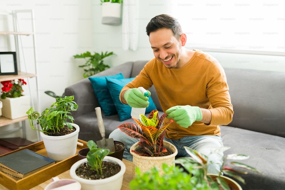 Good-looking man using a spray bottle to water his plants while sitting on his sofa living room. Hispanic man enjoying his gardening hobby at home