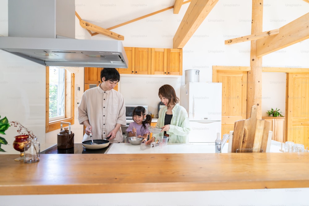 A happy family cooking together