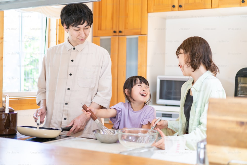A happy family cooking together