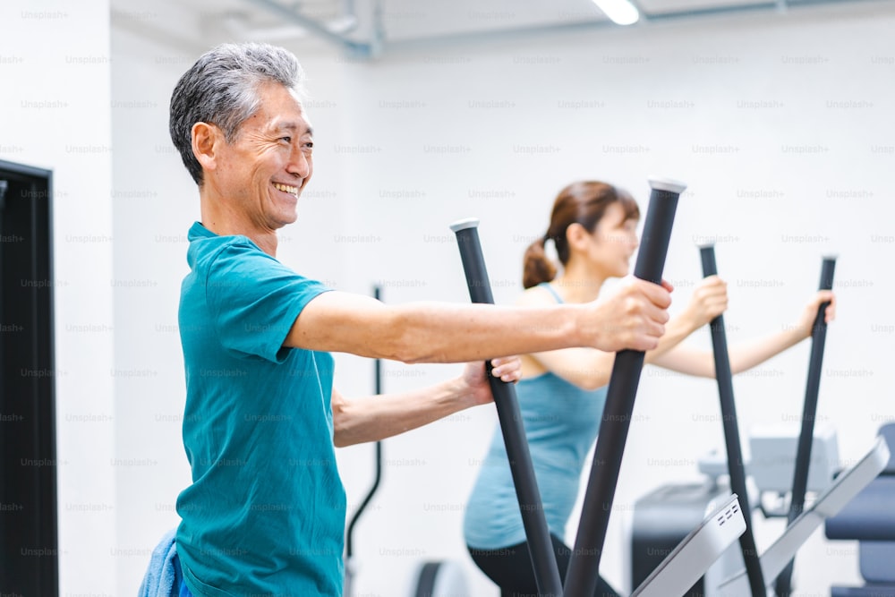 Active seniors exercising at the gym