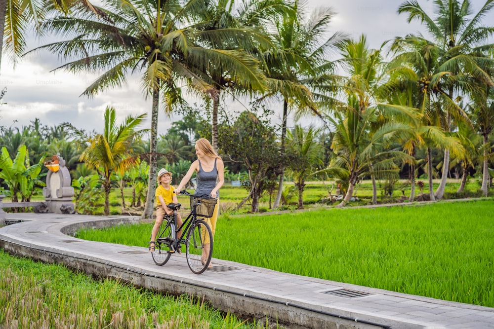 Mother and son ride a bicycle on a rice field in Ubud, Bali. Travel to Bali with kids concept.