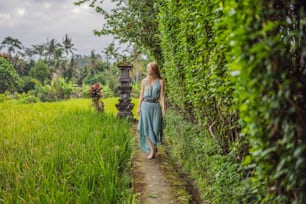 バリ島の若い女性観光客は、ウブドの狭い居心地の良い通りを歩きます。バリ島は人気のある観光地です。バリへの旅行のコンセプト。