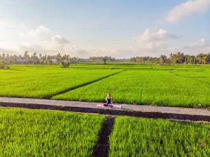 Young woman practice yoga outdoor in rice fields in the morning during wellness retreat in Bali. View from the drone.