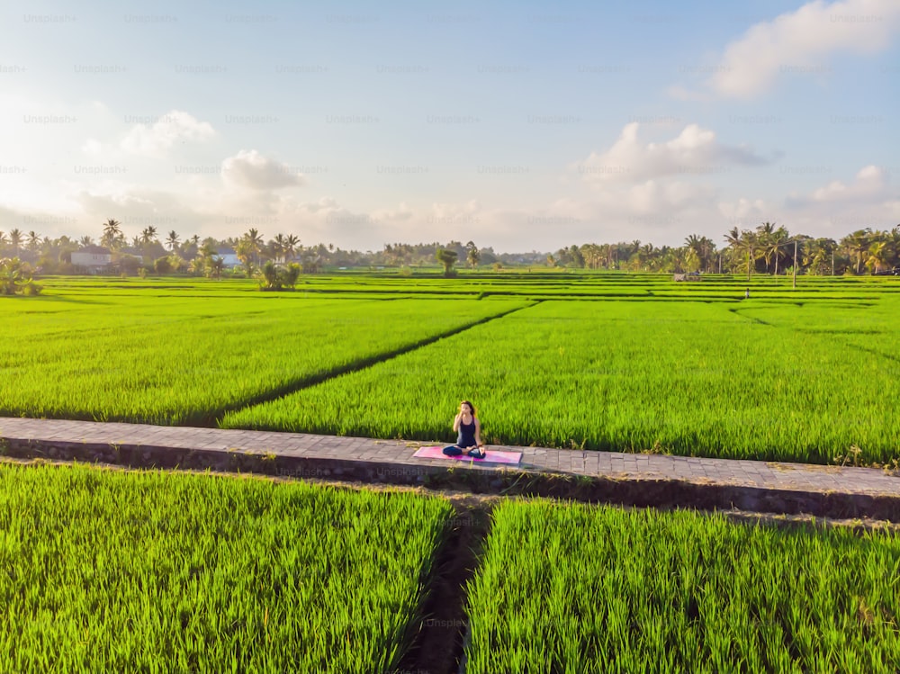 Junge Frau praktiziert Yoga im Freien in Reisfeldern am Morgen während des Wellness-Retreats in Bali. Blick von der Drohne.