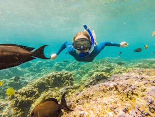 Happy woman in snorkeling mask dive underwater with tropical fishes in coral reef sea pool. Travel lifestyle, water sport outdoor adventure, swimming lessons on summer beach holiday.