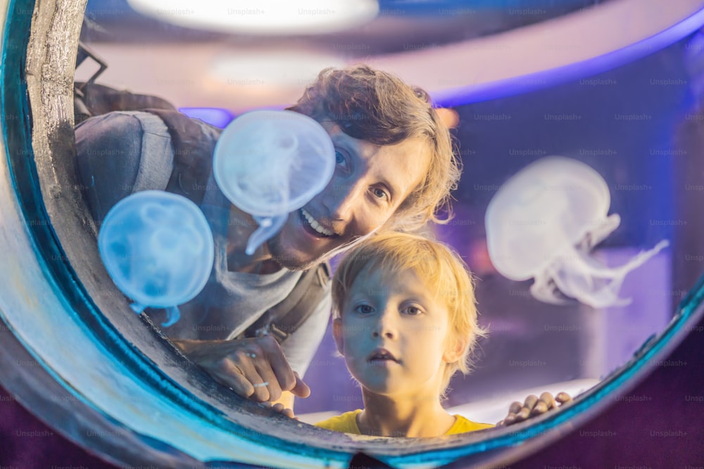 Dad and son watching the jellyfish on blue background in Aquarium.