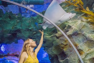 Young woman touches a stingray fish in an oceanarium tunnel.