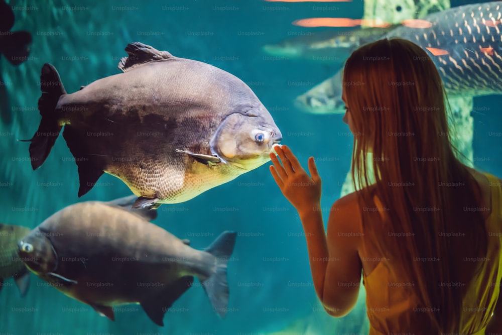 Young woman touches a stingray fish in an oceanarium tunnel.