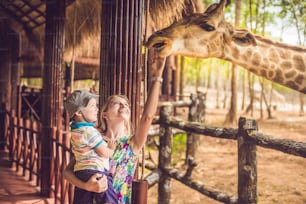 Happy mother and son watching and feeding giraffe in zoo. Happy family having fun with animals safari park on warm summer day.