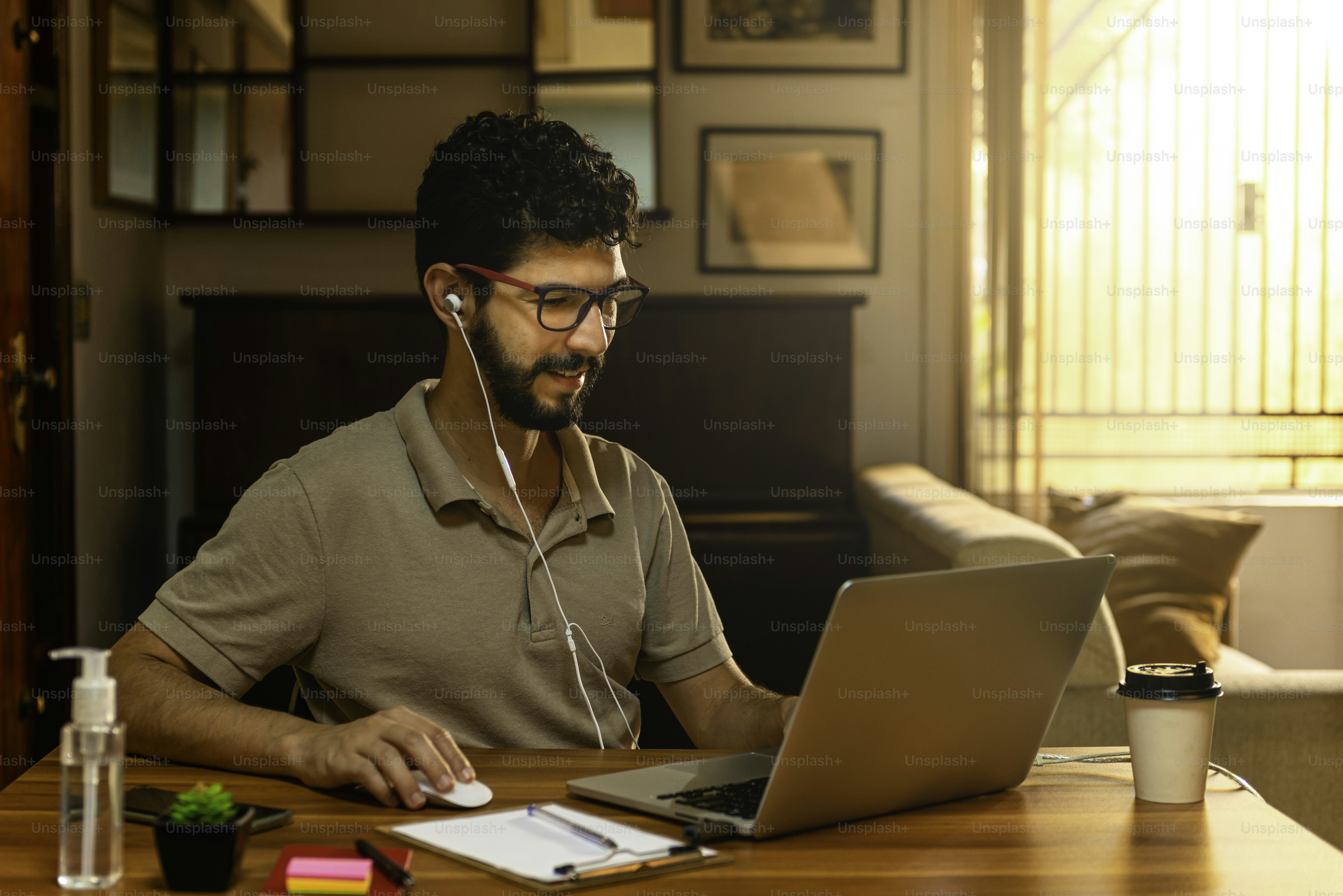 Hispanic model performing video conference. Concept working at home.