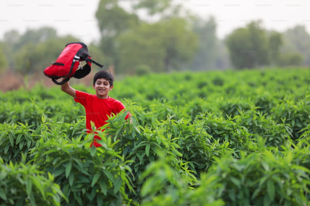 Nettes indisches Kind mit Schultasche und läuft auf dem Landwirtschaftsfeld