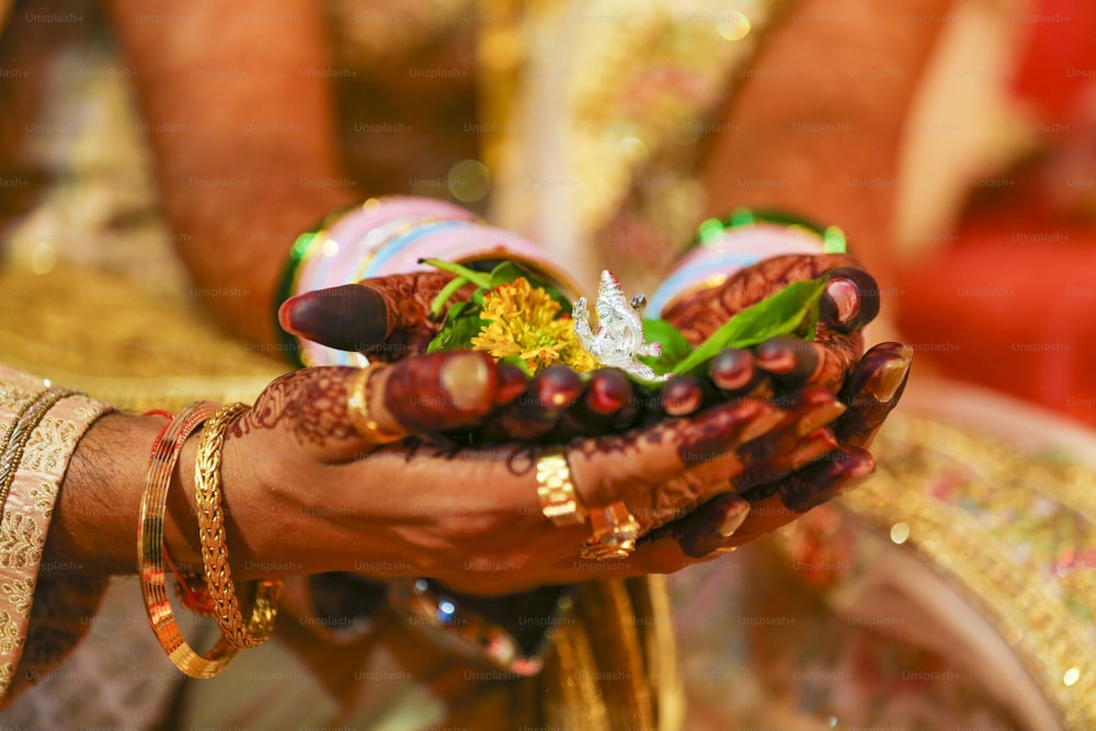 Ceremonia tradicional de boda india, mano del novio y la novia