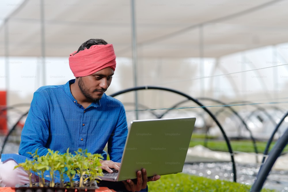 Joven agricultor indio usando computadora portátil en invernadero o casa de polietileno