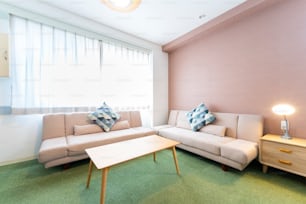 Bright interior with sofa and cushions, hotel room