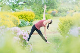 Young woman doing yoga in a green park on fine day