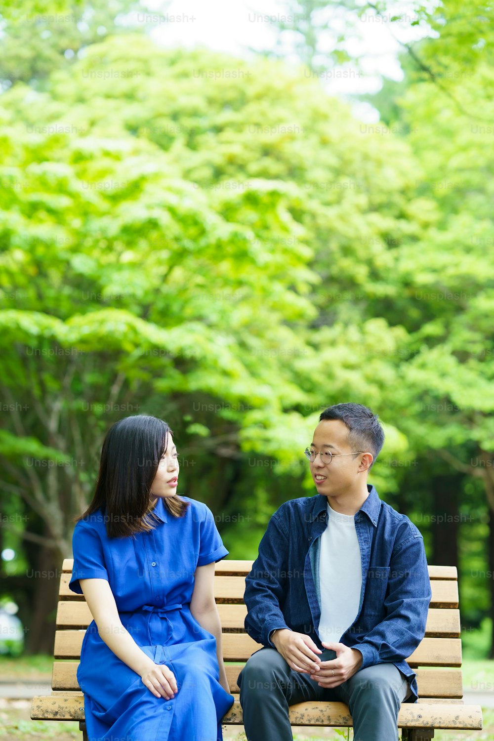 A young couple chatting on a bench in a green park