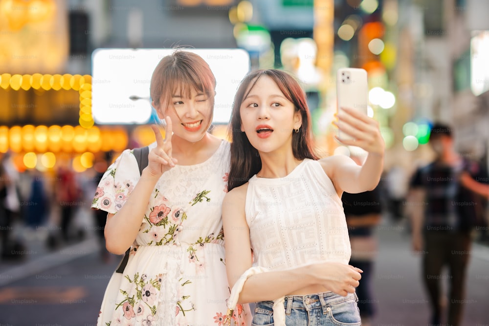 Young women taking selfies in downtown