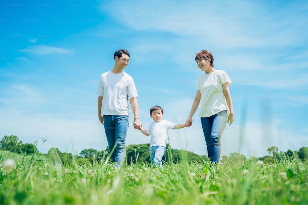 parents and their child holding hands and walking in a sunny green space on fine day